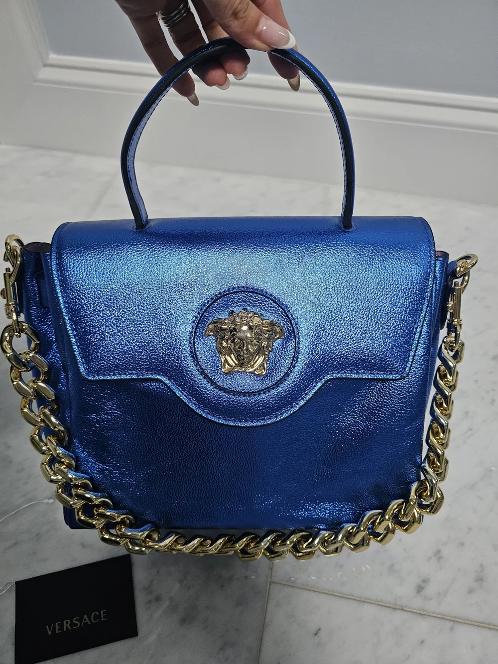 Metallic Blue Top-Handle Satchel with Gold Chain Accent - Picture 11 of 13